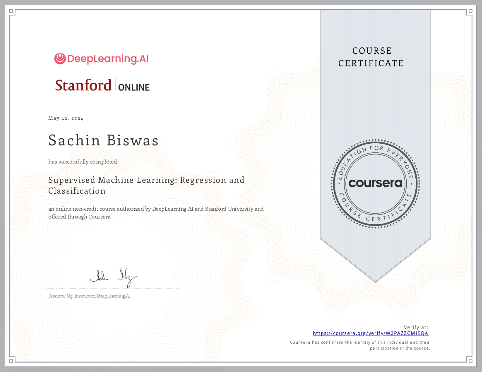Supervised Machine Learning certificate